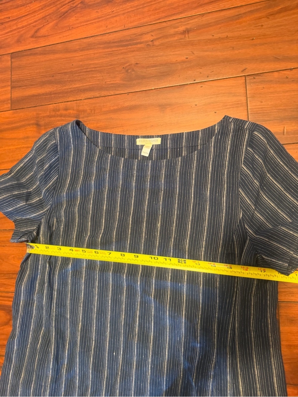 Eileen Fisher Navy and White Striped Short Sleeve Shift Dress - Picture 6 of 8